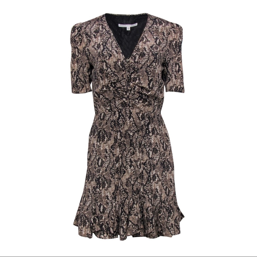 Veronica Beard - Tan & Black Snakeskin Print Ruched Silk Fit & Flare Dress